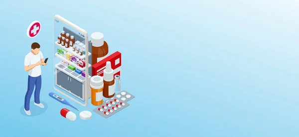 Farmácia online e medicina com um aplicativo médico. Comprar medicamentos online. Serviço móvel ou aplicativo para a compra de medicamentos na farmácia online farmácia. — Vetor de Stock