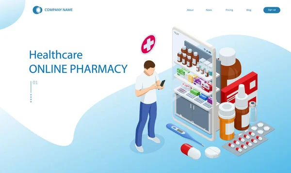Farmacia en línea y medicina con una aplicación médica. Comprar medicamentos en línea. Servicio móvil o aplicación para la compra de medicamentos en farmacia en línea. — Vector de stock