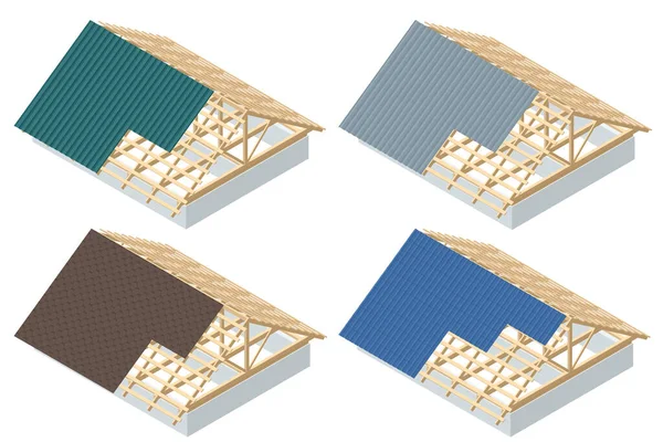 Isometrische dakconstructie. Concept woongebouw in aanbouw. Huis in aanbouw. Dakisolatie. — Stockvector