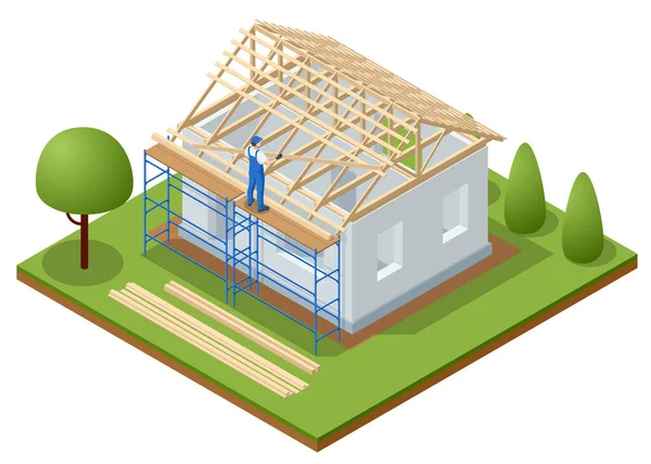 Costruzione di tetti isometrici. Concetto di edificio residenziale in costruzione. Casa in costruzione. Isolamento del tetto. — Vettoriale Stock