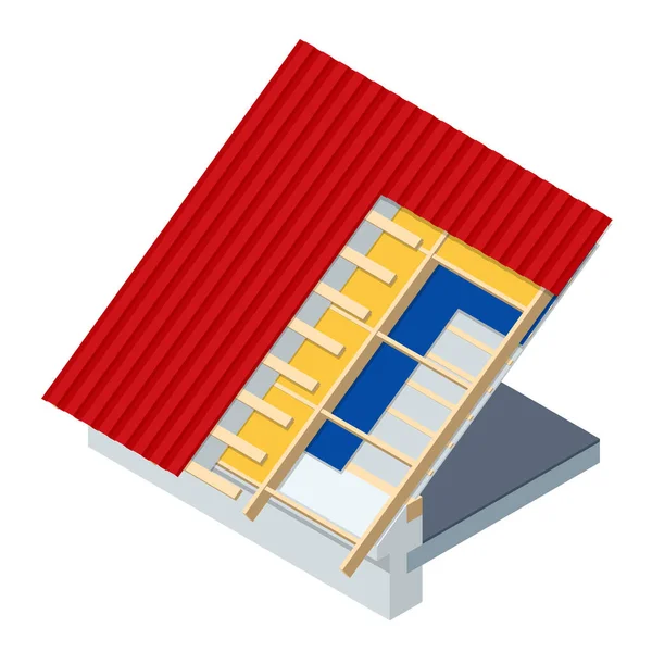 Construcción de techos isométricos. Concepto de edificio residencial en construcción. Casa en construcción. Aislamiento del techo. — Vector de stock