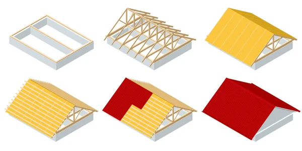 Isometrisk takkonstruktion. Begreppet bostadshus under uppförande. Huset är under uppbyggnad. Takisolering. — Stock vektor