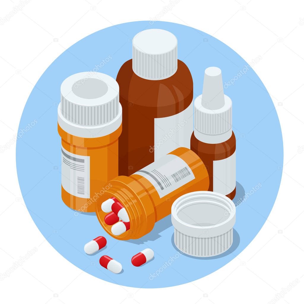 Isometric Pills and medicine bottles. Medicine pills capsules and bottles.