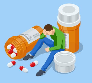 Depresyondaki üzgün adam karakteri, bağımlı insanlar umutsuzluğa kapılır. Zihinsel bozukluk ve bilinç karmaşası.
