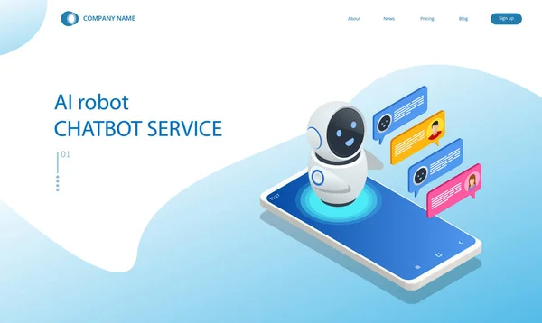 Izometrikus mesterséges intelligencia. Chat bot és jövőbeli marketing. MI és üzleti IOT koncepció. Beszélgetés chatbot alkalmazással. Párbeszéd-segítő szolgálat. — Stock Vector