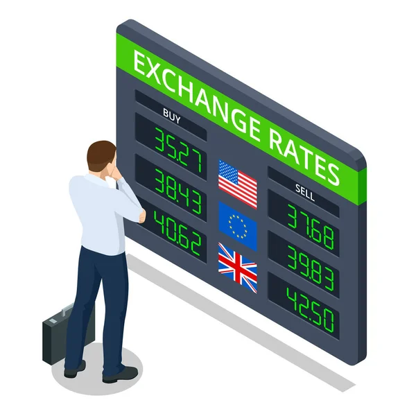 Isometric Bank Information board with different flags and currency for buy or sell. Foreign currency exchange rates. Currency exchange rate on digital LED display board — Stock Vector