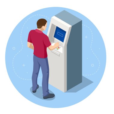 Isome 'lı adam ATM' den gelen kredi kartını bekliyor. Bankanın ATM servis makinesi. Otomatik veznedar makinesi.
