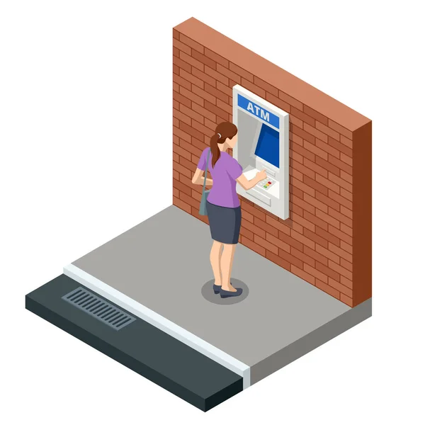 Isometryczna kobieta czeka na kartę kredytową z bankomatu. Bankomat bankomat banku. Automatyczna kasjerka — Wektor stockowy