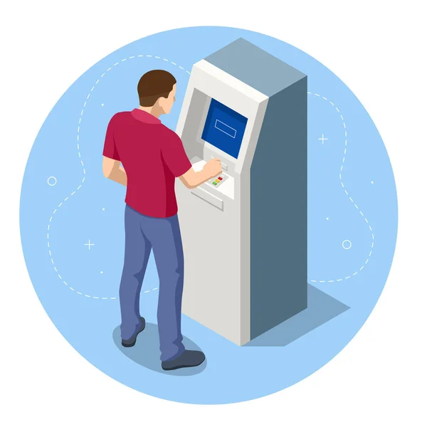 Izometrikus férfi várja a bankkártya behelyezését az ATM-ből. Egy bank ATM szervizgépe. Automatizált pénztárgép. — Stock Vector