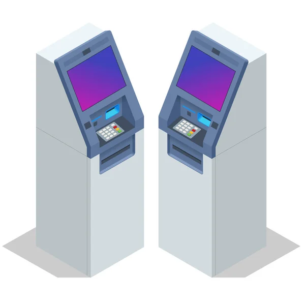 Máquina de serviço de ATM isométrica de um banco. Máquina de caixa automatizada. Máquina de dinheiro. — Vetor de Stock