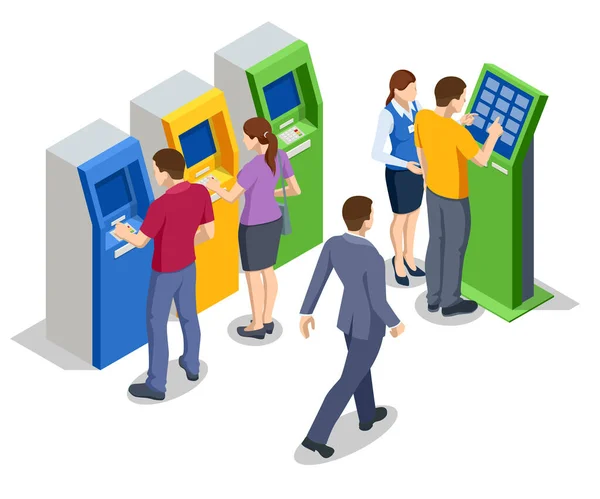 Isometryczni ludzie czekają na kartę kredytową z bankomatu. Bankomat bankomat banku. Automatyczna kasjerka — Wektor stockowy