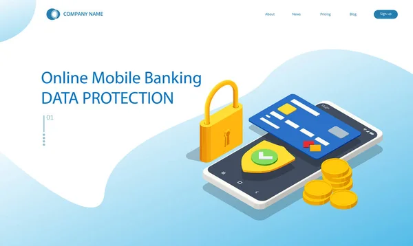 Isometric Online Mobile Banking e Internet Banking. Aplicação bancária móvel em uma tela — Vetor de Stock