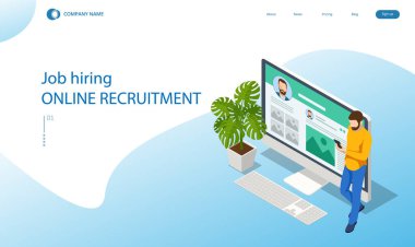 Web sayfası, afiş ve sunum için Isometric işe alma ve adam alma konsepti. İş görüşmesi, işe alım ajansı. İnsan Kaynakları iş arıyor