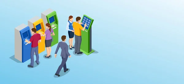 Isometrischer Mann wartet auf das Einlegen der Kreditkarte am Geldautomaten. Geldautomat einer Bank. Geldautomat. — Stockvektor