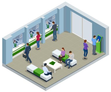 Isome banka ofisi. Banka çalışanları masaların arkasında oturuyor ve banka müşterilerine servis yapıyor. Finansal merkez modern kurumsal iç tasarım