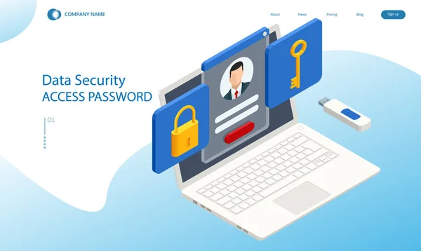 Isometric personal data protection web banner concept. Kybernetická bezpečnost a soukromí. Šifrování provozu, VPN, Ochrana soukromí Antivirus. — Stockový vektor