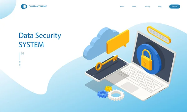 Isometric concept de bannière web de protection des données personnelles. Cybersécurité et vie privée. Chiffrement du trafic, VPN, Protection de la vie privée Antivirus. — Image vectorielle