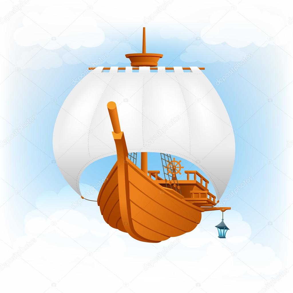 Sailing ship, flying ship, vector illustration
