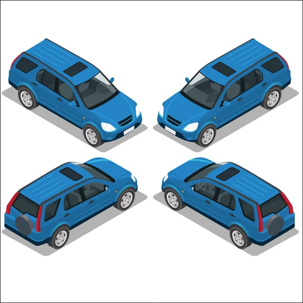 3 차원 isometric 고품질 시 전송 아이콘 집합을 플랫. 벡터 일러스트 레이 션 블루 사파리 여행 자동차입니다. 오프 로드 지프. — 스톡 벡터