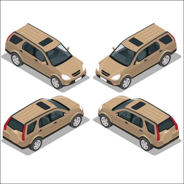 Flaches 3D isometrisches Icon Set für den Stadtverkehr von hoher Qualität. Vektorillustration braunes Safari-Reiseauto. Geländewagen. — Stockvektor