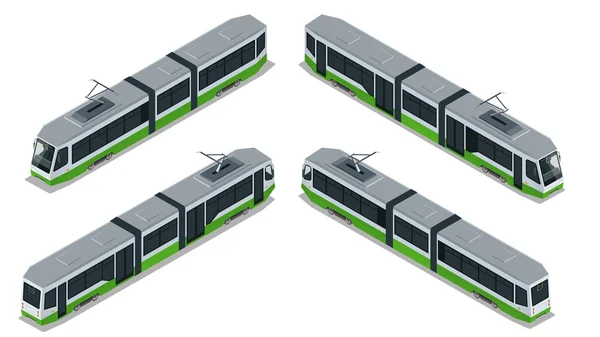 Platte 3d isometrische illustratie van een tram. Voertuigen bestemd voor het vervoer van grote aantallen passagiers — Stockvector