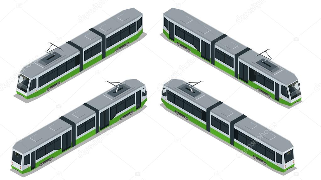 Flat 3d isometric illustration of a tram. Vehicles designed to carry large numbers of passengers
