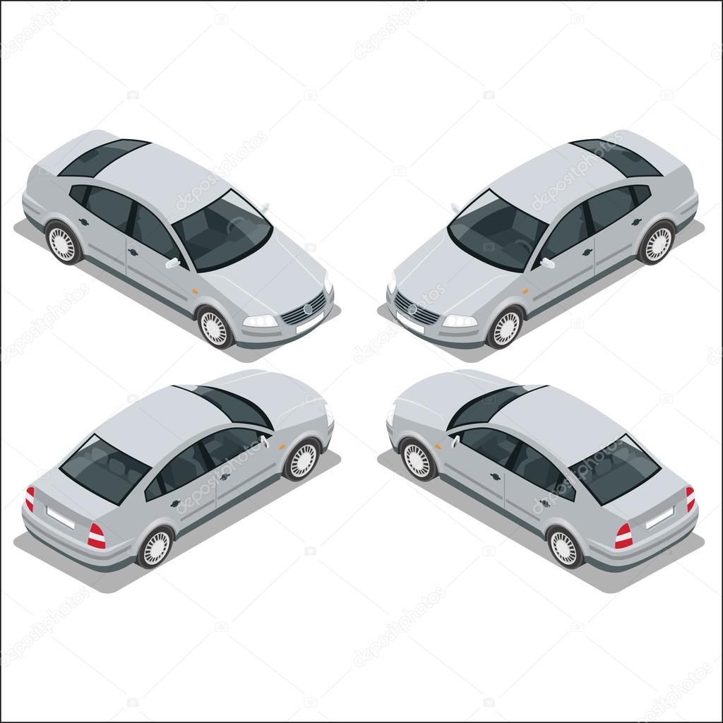 Flat 3d isometric high quality city transport icon set. Gray car. Sedan automobile.