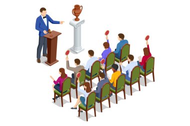 Isometric art auction with auctioneer and bidders competing for an antique vase. Concept of collectible sale, investment, and cultural value.