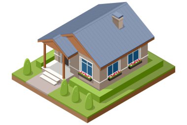Bahçesi, gri duvarları ve çiçek kutuları olan modern bir tek aile evinin Isometric çizimi. Konforlu bir banliyö evi. Çatı katlı ve bahçeli..