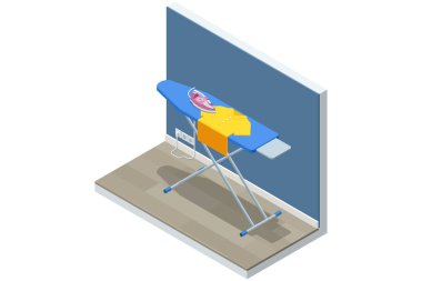 Küçük bir ev köşesine yerleştirilmiş parlak gömlekli ve elektrikli ütülü bir ütü tahtası. Ev işleri ve temiz giysi bakımı..