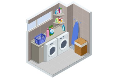 Çamaşır makinesi, kurutma makinesi, raflar, deterjanlar, ütü masası ve çamaşır sepetli. Temiz organize ev araç alanı illüstrasyonu.