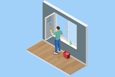 Modern bir iç mekanda cam sileceği ile pencereyi temizleyen bir adamın itici bir tasviri. Temizlik aletleri, sprey şişesi ve kova yakınlarda. Ev bakımı ve hijyen kavramı basit ve basit..