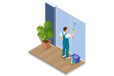 Profesyonel bir temizlikçinin cam sileceği ile büyük bir pencereyi temizlediği bir sahne. Yakınlarda bir bitki duruyor, yerde temizlik aletleri ve kova var. İç bakım ve hijyen kavramı.