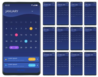 2026 için takvim planlayıcısı. 2026 takvim tasarımı, 12 aylık set. İşletme, şirket belgeleri, raporlar ve modern programlama sistemleri için zarif yıllık planlama düzeni.