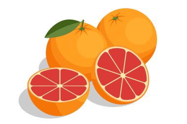 Tüm greyfurtun Isometric çizimi ve yarısı kırmızı posa ve yeşil yaprak ile kesilmiş. Diyet, meyve suyu ve sağlıklı yaşam için taze narenciye. Acı tatlı organik gıda elementi beyaza izole edilmiş.