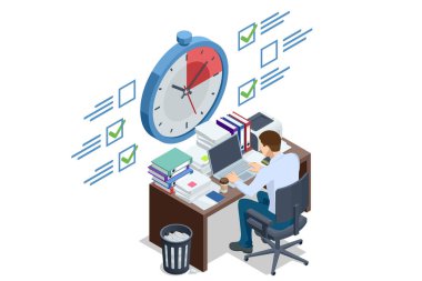 Çalışma masasında çalışan Isome ofis sahnesi ve saate yakın kontrol listesi. Zaman yönetimi ve görev kontrol kavramı çizimi.