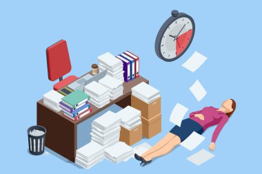 Isometric ofis çalışanı görev ve rapor yüzünden bunalmış durumda. Son teslim tarihi paniği ve tükenme konsepti. Son teslim tarihi ve ofis stresi. Zaman yönetimi ve son teslim tarihi iş yükü