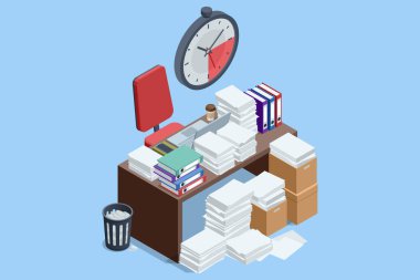 Belge aşırı yükleme ile Isometric iş teslim konsepti. Ofis stresi ve acil durum illüstrasyonu. Son teslim tarihi ve ofis stresi. Kağıt kaosu ve yoğun programlı işyeri stres sahnesi.