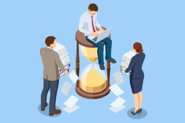 Kum saatinde dizüstü bilgisayarı olan Isome ofis çalışanı. Zaman yönetimi, acil görev ve proje teslim tarihi kavramı. Son teslim tarihi ve ofis stresi. Zaman yönetimi ve son teslim tarihi iş yükü