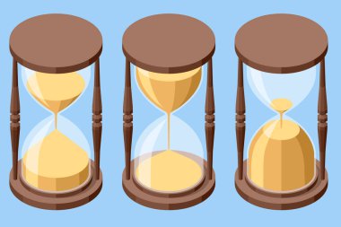 Farklı kum seviyelerinde Isometric kum saati seti. Geri sayım, zaman sınırı ve son teslim tarihi ilerleme kavramı. İş teslim tarihi