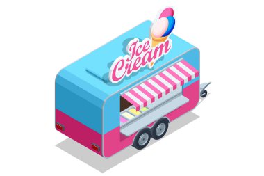 Isome dondurma karavanı parlak pastel renkli ve çizgili tenteli. Yaz sokak yemekleri ve tatlı çerez işleri için mobil tatlı büfesi konsepti. Dondurma Karavanı