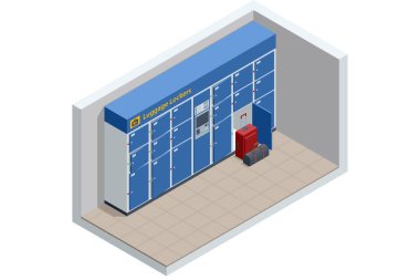 Mavi valiz dolabı duvarı. Dijital ödeme terminali olan ve bavulla birlikte depo kutusunu açan Isometric bagaj dolapları. Havaalanında, tren istasyonunda ya da otobüs durağında otomatik bagaj depolama hizmeti