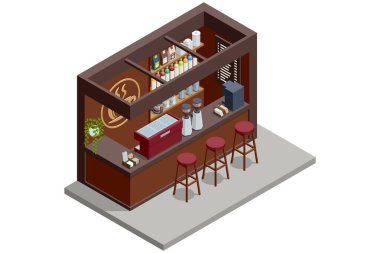 Espresso makinesi, öğütücü, raf, bitki ve taburesi olan Isome marka bir kafe. Kahverengi tonda, profesyonel ekipmanlı rahat kafe sayacı kavramı.