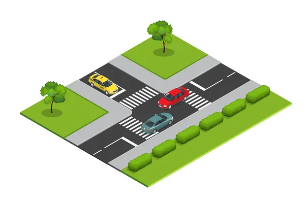 Kavşak ve yol işaretleri izometrik vektör çizim infographics için. Araba, kentsel, trafik ulaşım. Yollar crossing. — Stok Vektör