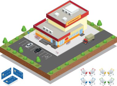 Süpermarket dış. Otopark ve alışveriş sepetlerini süpermarket. Perakende ticaret. Vektör izometrik çizim.