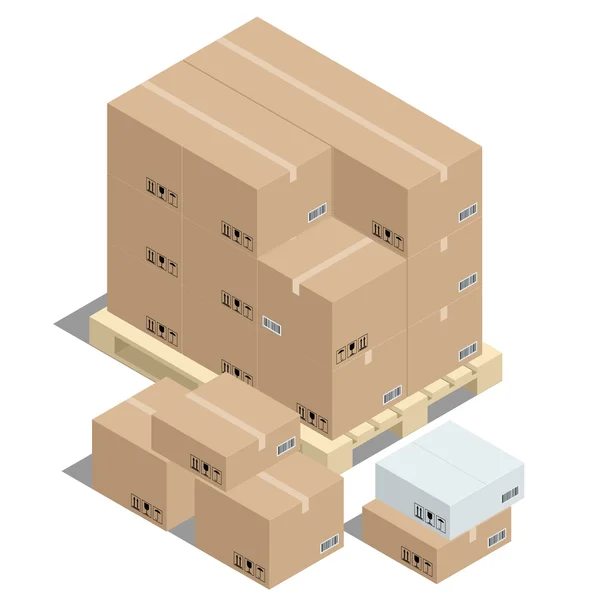 Groep van gestapelde gegolfd kartonnen dozen op houten verzending pallets en kartonnen dozen. Isometrische vectorillustratie. — Stockvector