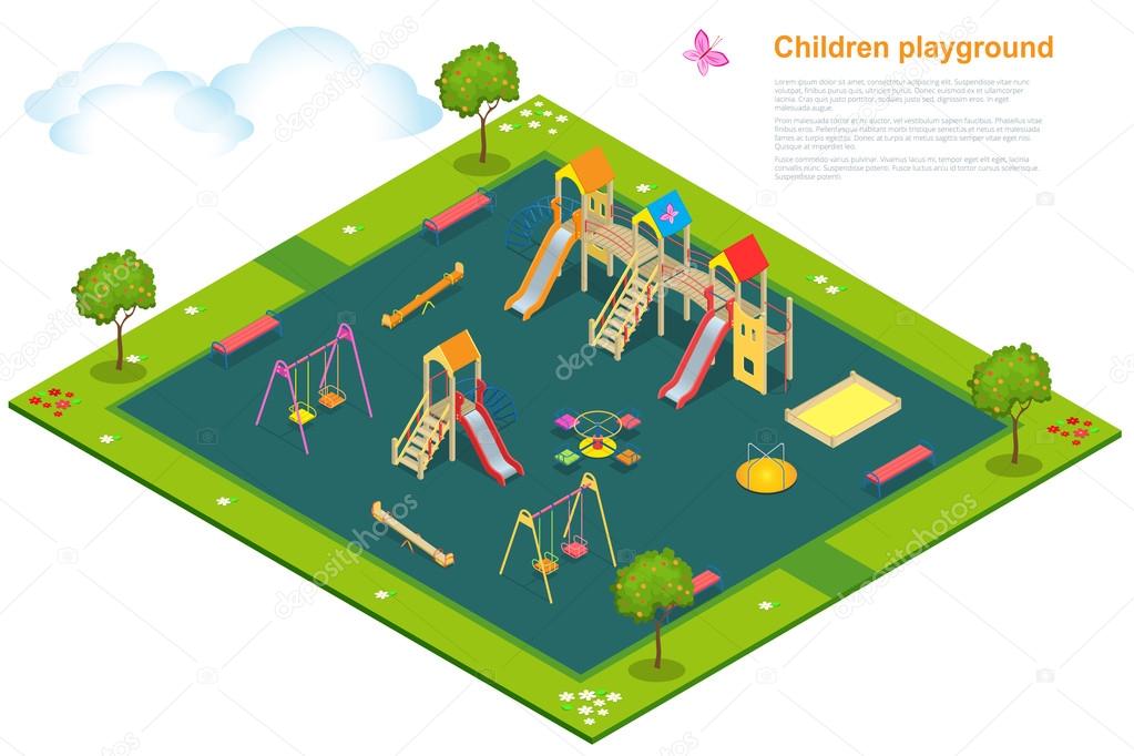 Children playground. Flat 3d isometric vector illustration for infographics. Swing carousel sandpit slide rocker rope ladder bench