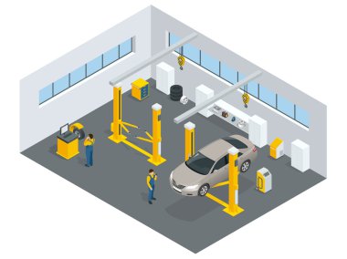 Oto mekanik Servisi. Servis istasyonu. Bakım araç tamir ve çalışma düz simgeler. İzole vektör izometrik çizim