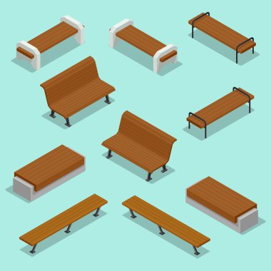 Tezgah. Park açık banklar Icon Set. Ahşap banklar parkta dinlenme için. 3D izometrik vektör çizim infographics için düz.