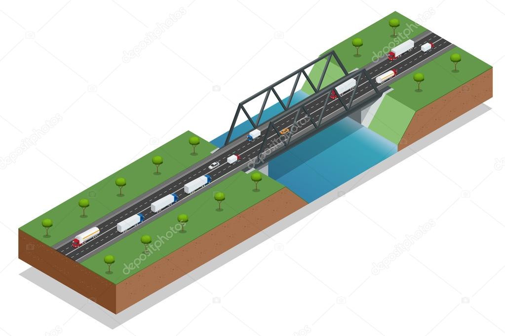 Isometric bridge over the river. Commercial transport. Truck car. Various types of load and cargo. Logistics. Vector isometric illustration.